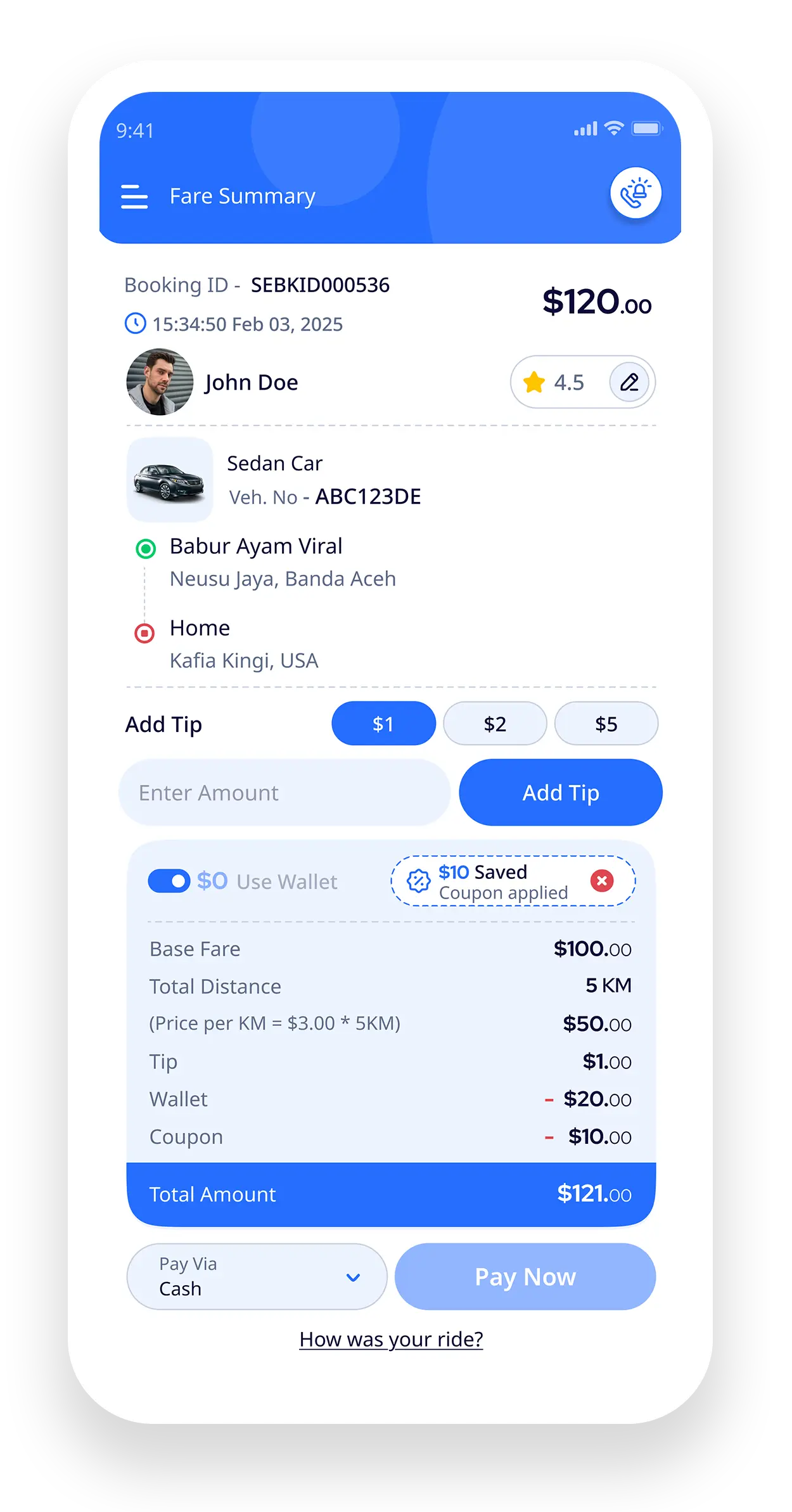 Multiple payment options in taxi booking app