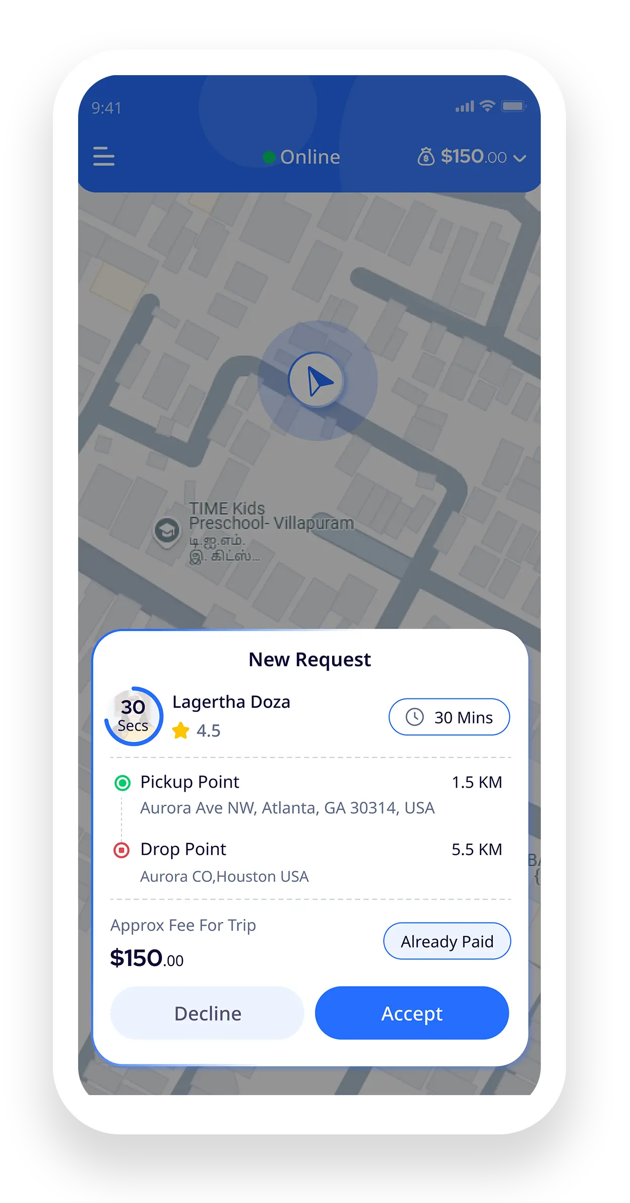 Driver ride request notification in taxi app