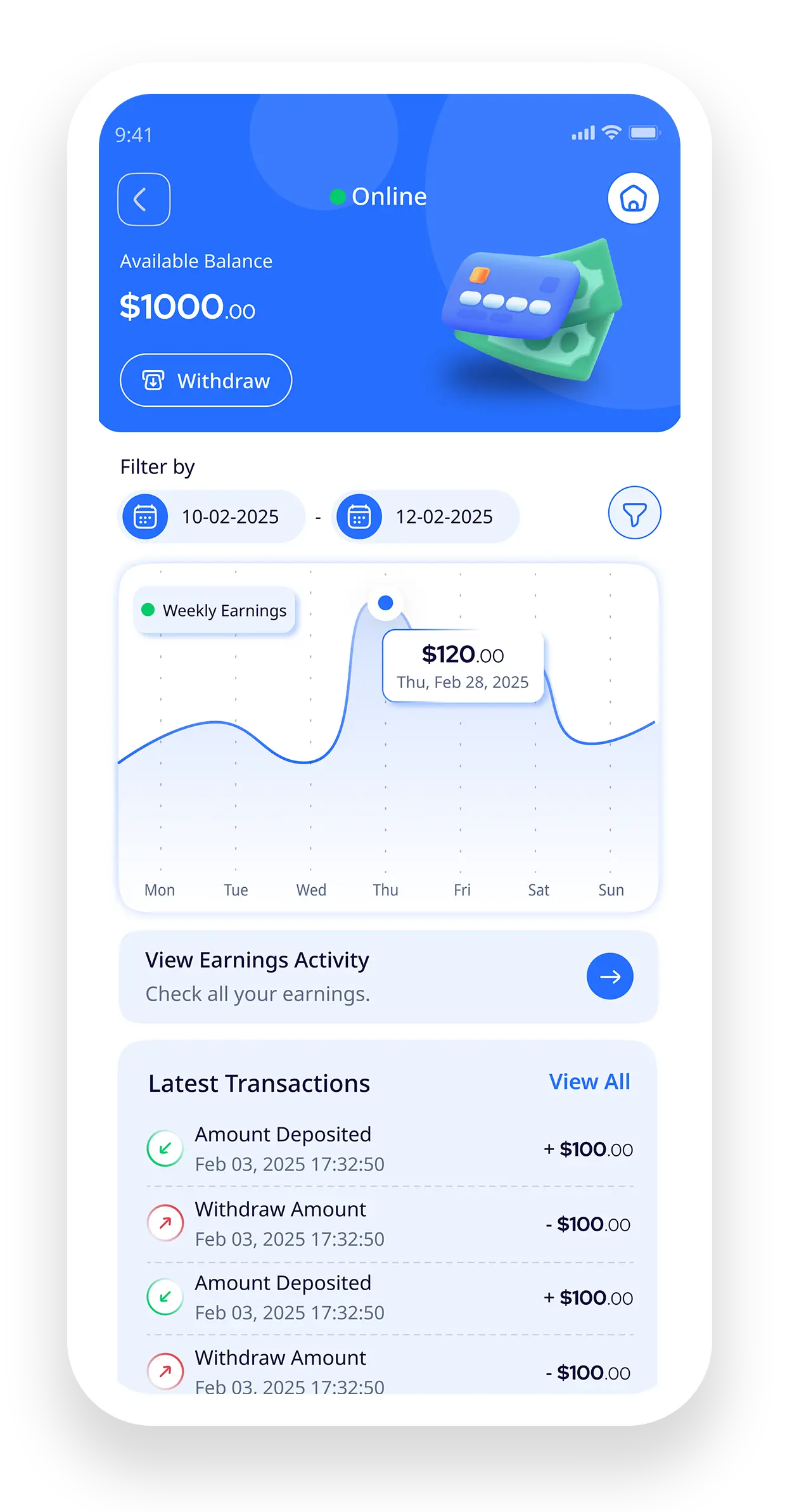 Driver earnings and transaction history dashboard